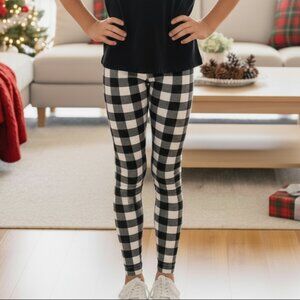 S NEW Girls Christmas Black White Plaid Leggings Soft Yoga Pants
